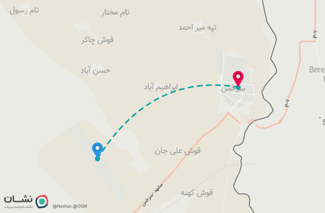 نقشه مسیر فرودگاه سرخس تا مرکز شهر
