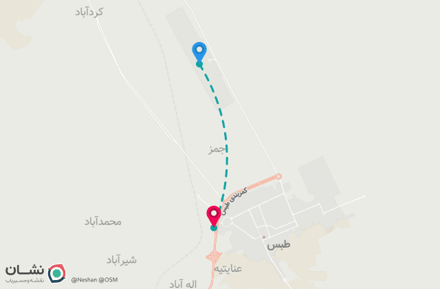 نقشه مسیر فرودگاه طبس تا مرکز شهر