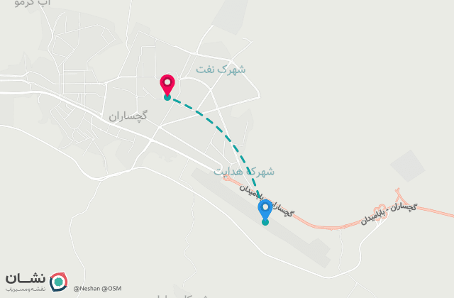 نقشه مسیر فرودگاه گچساران تا مرکز شهر