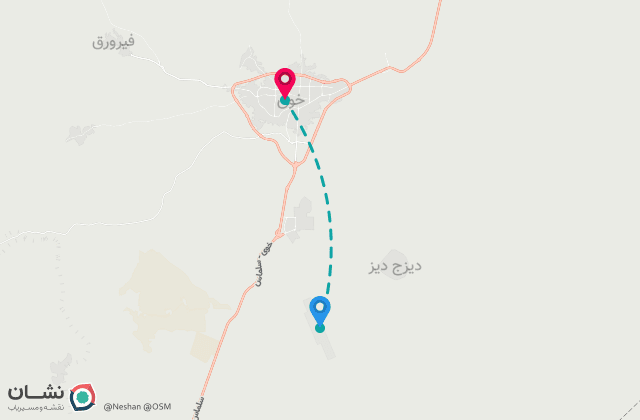 نقشه مسیر فرودگاه خوی تا مرکز شهر