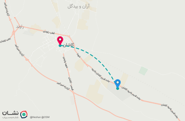 نقشه مسیر فرودگاه کاشان تا مرکز شهر