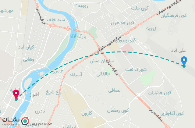نقشه مسیر فرودگاه بین‌المللی اهواز تا مرکز شهر