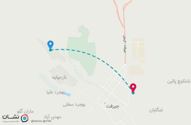نقشه مسیر فرودگاه جیرفت تا مرکز شهر