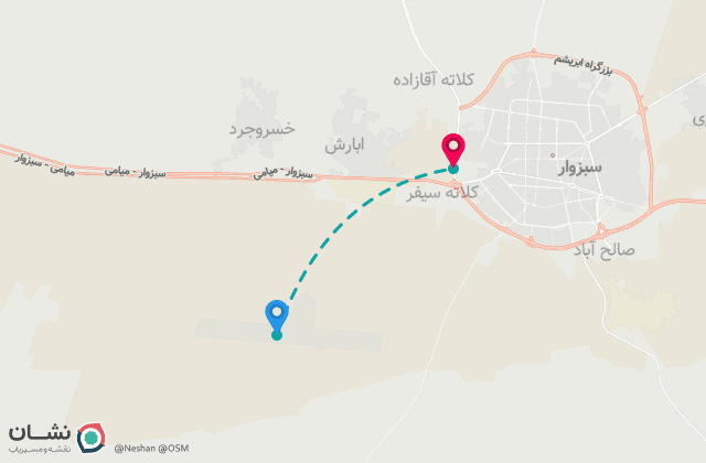 نقشه مسیر فرودگاه سبزوار تا مرکز شهر