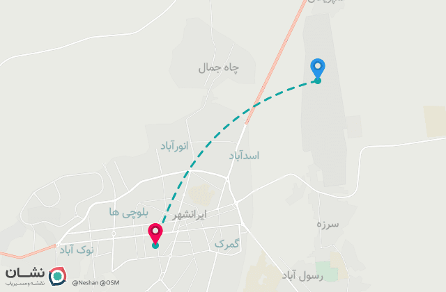 نقشه مسیر فرودگاه ایرانشهر تا مرکز شهر