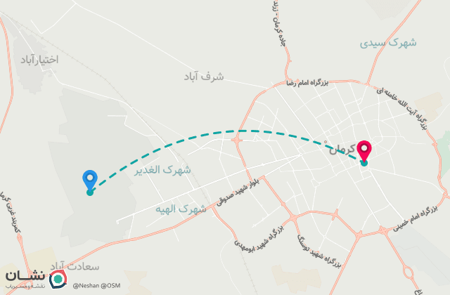 نقشه مسیر فرودگاه بین‌المللی کرمان (آیت‌الله هاشمی رفسنجانی) تا مرکز شهر