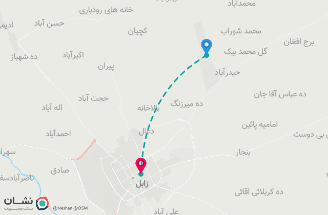 نقشه مسیر فرودگاه زابل تا مرکز شهر