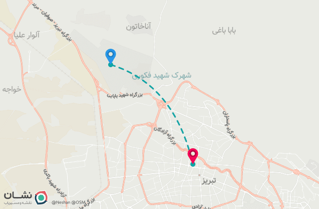 نقشه مسیر فرودگاه بین‌المللی تبریز (شهید مدنی) تا مرکز شهر