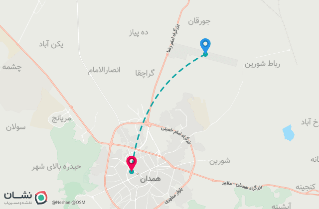 نقشه مسیر فرودگاه بین‌المللی همدان تا مرکز شهر