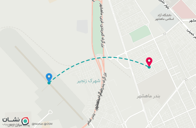 نقشه مسیر فرودگاه ماهشهر تا مرکز شهر