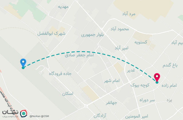 نقشه مسیر فرودگاه بین‌المللی یزد (شهید صدوقی) تا مرکز شهر