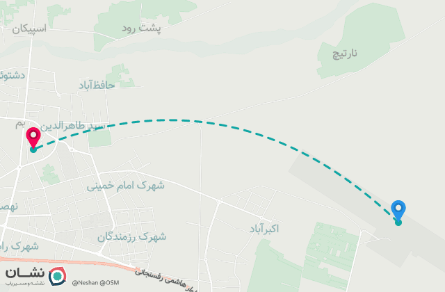 نقشه مسیر فرودگاه بم تا مرکز شهر