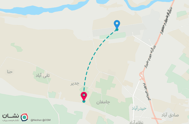 نقشه مسیر فرودگاه بین‌المللی جهرم تا مرکز شهر