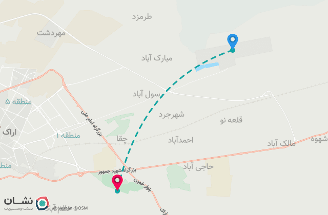 نقشه مسیر فرودگاه اراک تا مرکز شهر