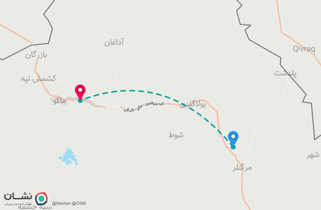 نقشه مسیر فرودگاه بین‌المللی ماکو تا مرکز شهر