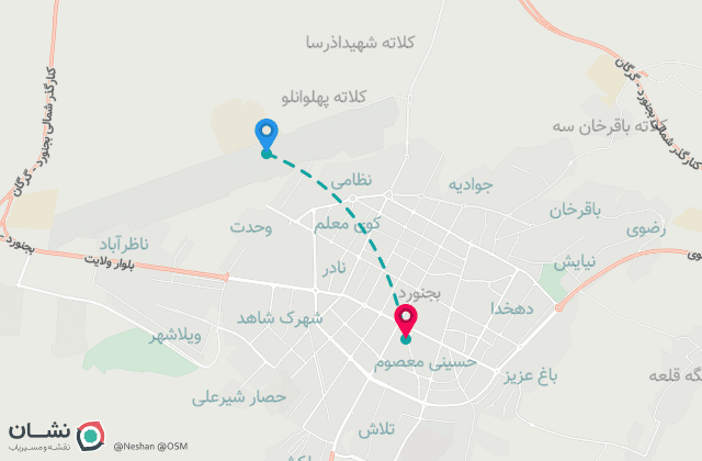 نقشه مسیر فرودگاه بجنورد تا مرکز شهر