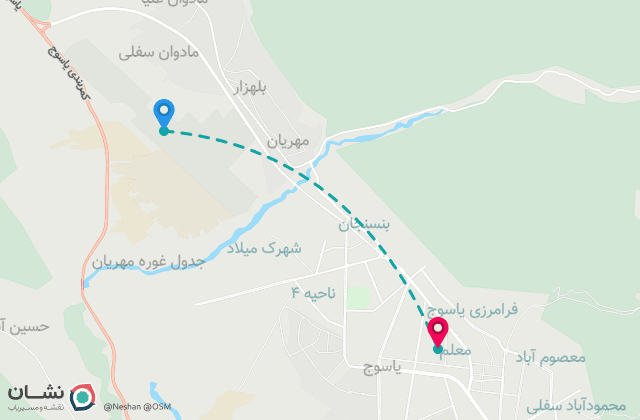 نقشه مسیر فرودگاه یاسوج تا مرکز شهر