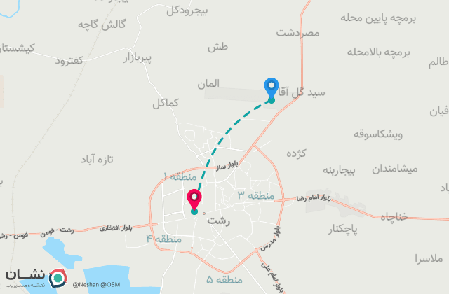 نقشه مسیر فرودگاه رشت تا مرکز شهر
