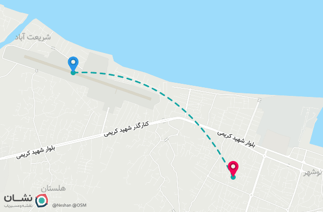 نقشه مسیر فرودگاه نوشهر تا مرکز شهر