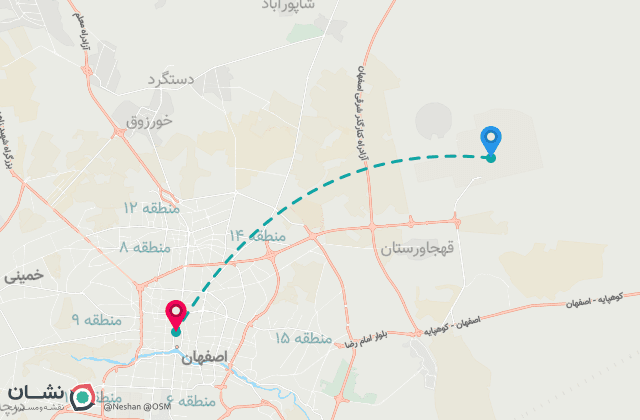 نقشه مسیر فرودگاه بین‌المللی اصفهان (شهید بهشتی) تا مرکز شهر