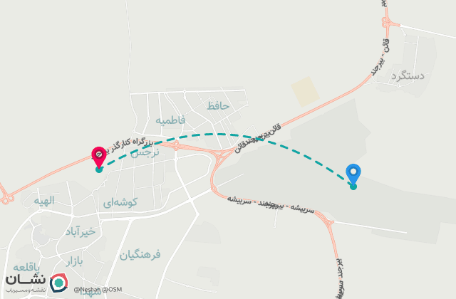 نقشه مسیر فرودگاه بین‌المللی بیرجند تا مرکز شهر