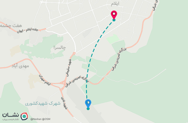 نقشه مسیر فرودگاه ایلام تا مرکز شهر