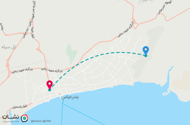 نقشه مسیر فرودگاه بین‌المللی بندرعباس تا مرکز شهر