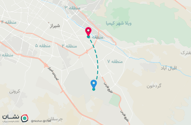 نقشه مسیر فرودگاه بین‌المللی شهید دستغیب تا مرکز شهر