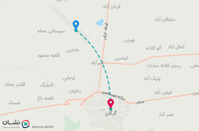 نقشه مسیر فرودگاه بین‌المللی گرگان تا مرکز شهر