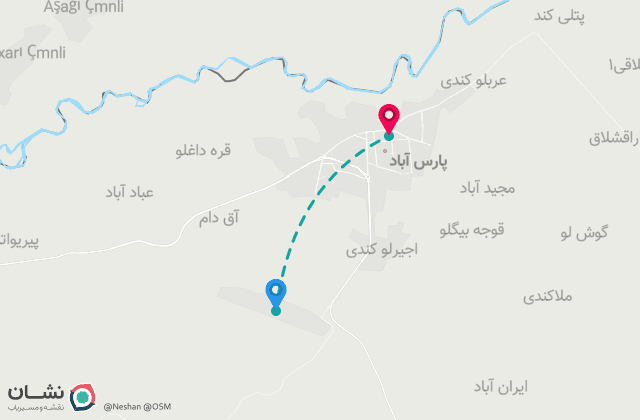 نقشه مسیر فرودگاه پارس‌آباد مغان تا مرکز شهر