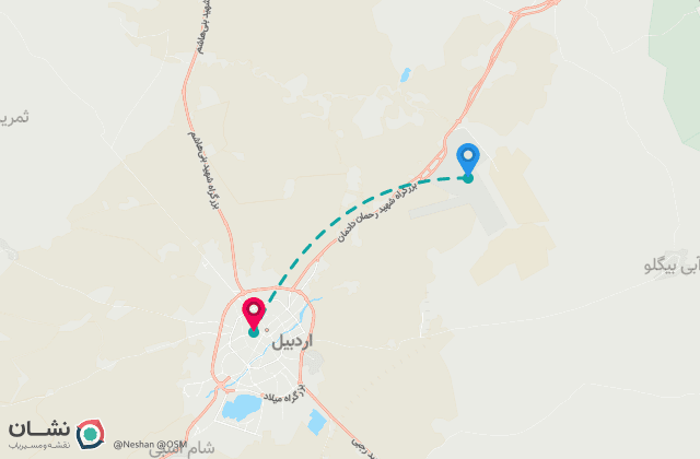 نقشه مسیر فرودگاه اردبیل تا مرکز شهر