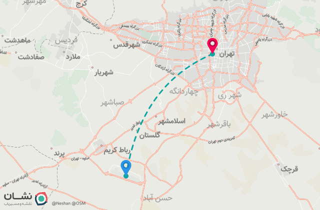 نقشه مسیر فرودگاه بین‌المللی امام خمینی تا مرکز شهر