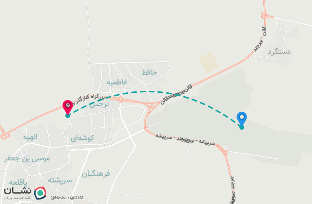 نقشه مسیر فرودگاه بین‌المللی بیرجند تا مرکز شهر
